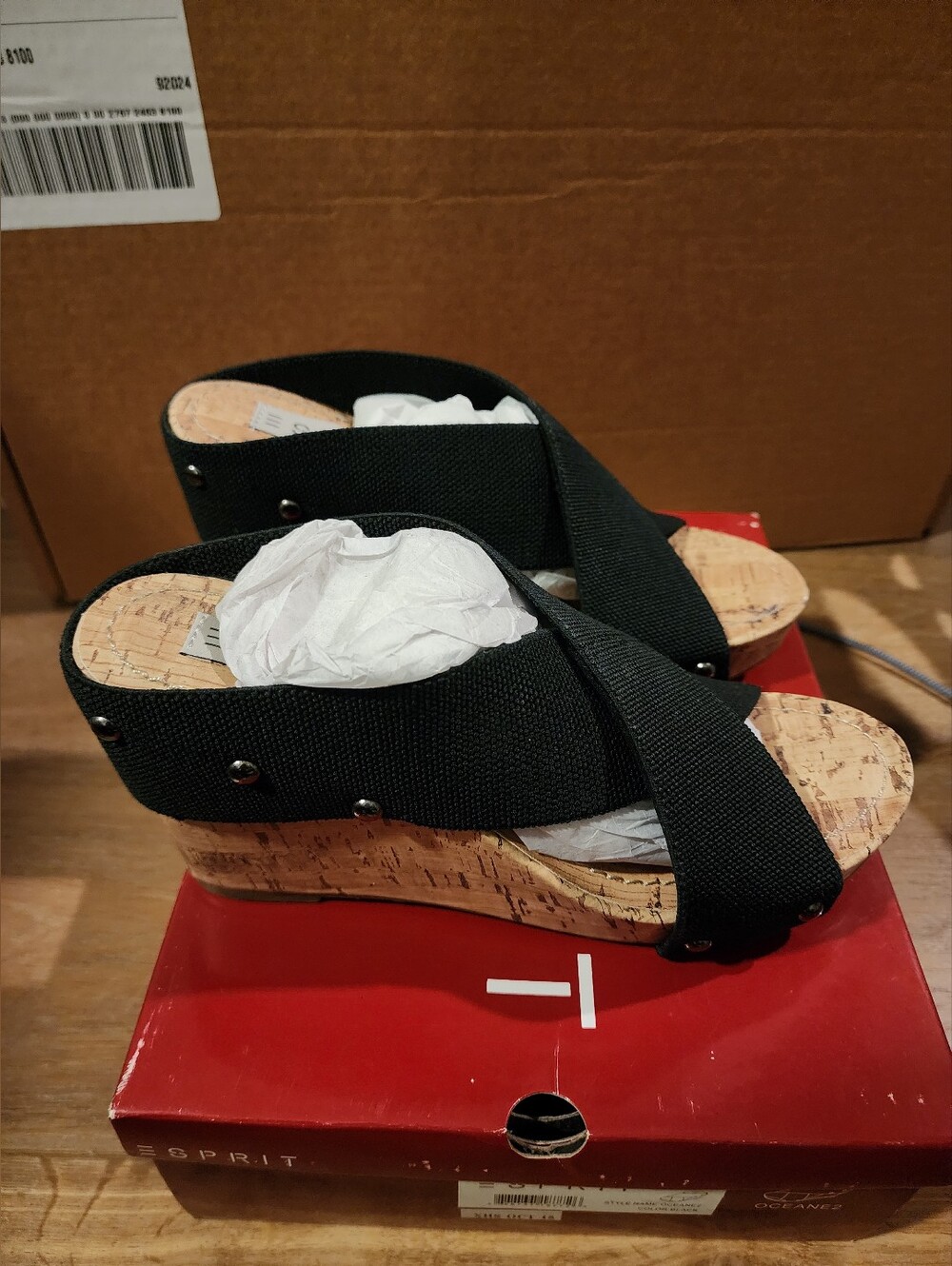 Esprit Black Cork Wedge Cross-Strap Sandals Size 6.5